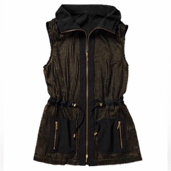 Chico's Zenergy Neema Mesh Foil Front Vest 2 Large 12 Gold Black Full Zip Cinch - Picture 2 of 16